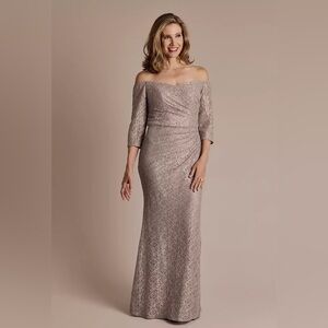 Oleg Cassini Off-Shoulder Lace Gown in Cream